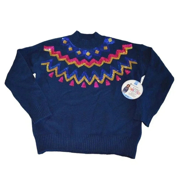 Member's Mark Girl's Favorite Sweater Size 6 Navy Blue With Colorful Sequin Acce - Picture 1 of 4